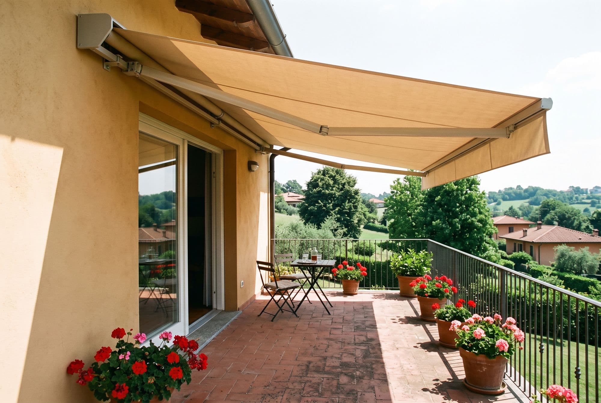 Terrazzo con tenda da sole a bracci color sabbia aperta sopra la portafinestra